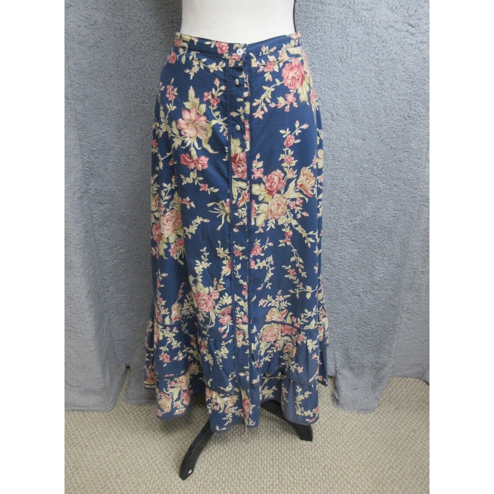 Lauren Ralph Lauren Floral Maxi Skirt Women 16 Blue Cottagecore Boho Tiered Lace